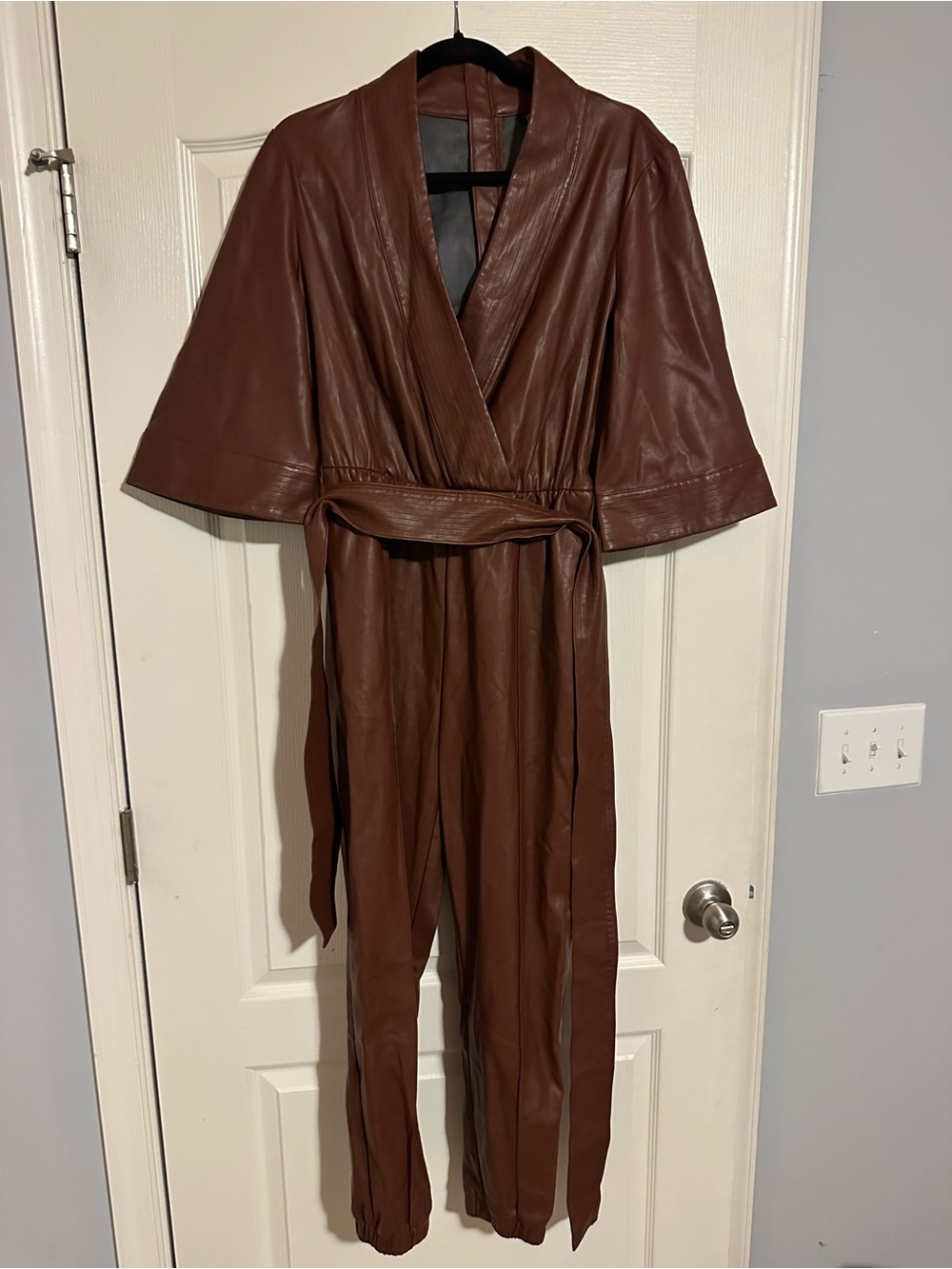 INC International Concepts Brown Faux-Leather Wrap Jumpsuit